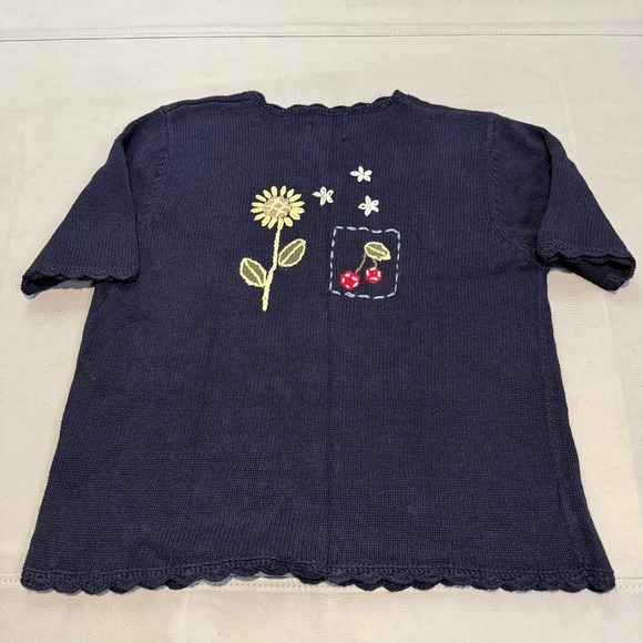 Christopher Bank Navy Blue Embroider Floral Short Sleeve Cardigan Sweater-6-4857 - Picture 2 of 9